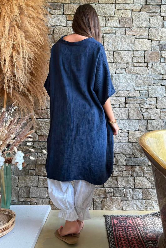 Tasha Cushion Cotton Oversized Shirt Tunic Navy